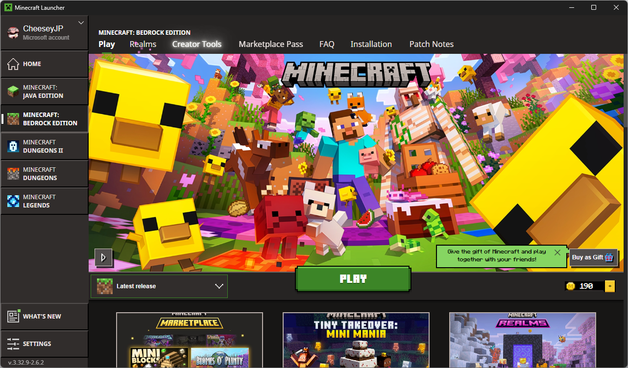 Pantalla principal de Minecraft Bedrock